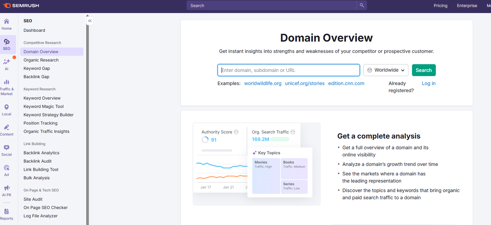 Interface of SEMrush